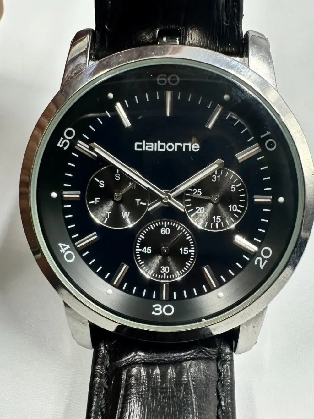 Claiborne Watch Men Silver Tone Blue Dial Leather Band New Battery 10 Inch